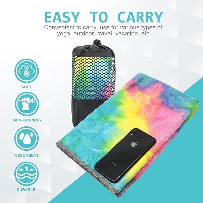 Eunzel Yoga Towel,Hot Yoga Mat Towel with Grip Dots Sweat Absorbent Non-Slip for Hot Yoga, Pilates and Workout 24" x72", Yellow & Blue & Pink-FlexoryFit