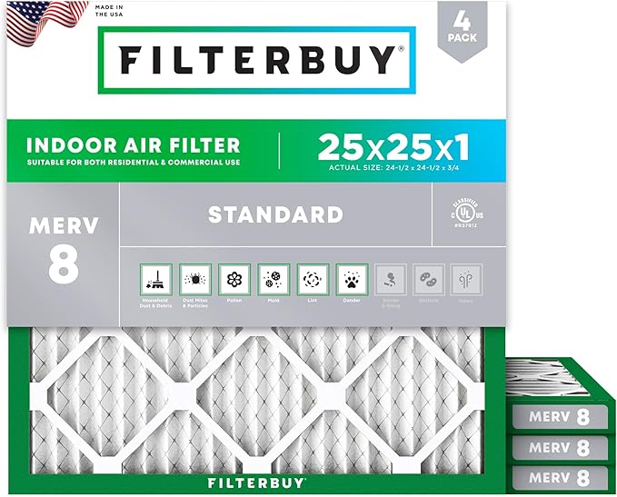 Filterbuy 25x25x1 Air Filter MERV 8 (MPR 700) Dust Defense Replacement (4-Pack), Electrostatic Pleated HVAC AC Furnace Filters, Made in USA (Actual Size: 24.50 x 24.50 x 0.75)