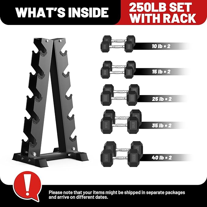 PAPABABE Hex Dumbbell Sets with Rack, 60-550lb Rubber Coated Dumbbell Weight Set and Storage Rack, Multiple Options Hand Weights for Strength Training-FlexoryFit