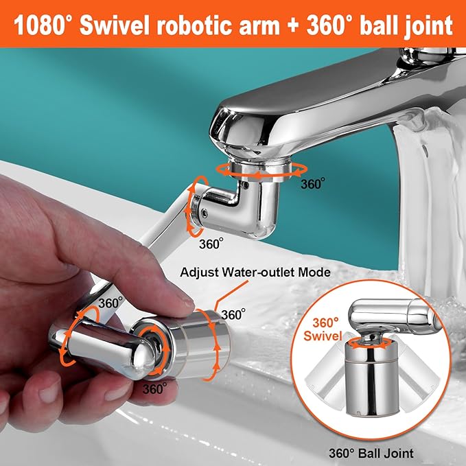 Spurtar 1440° Sink Faucet Aerator Extension Swivel Faucet Extender for Toddlers, 2 Sprayer Modes Rotatable Bathroom Kitchen Head Replacement Tap Attachment with Filter for G 1/2", 55/64",15/16"