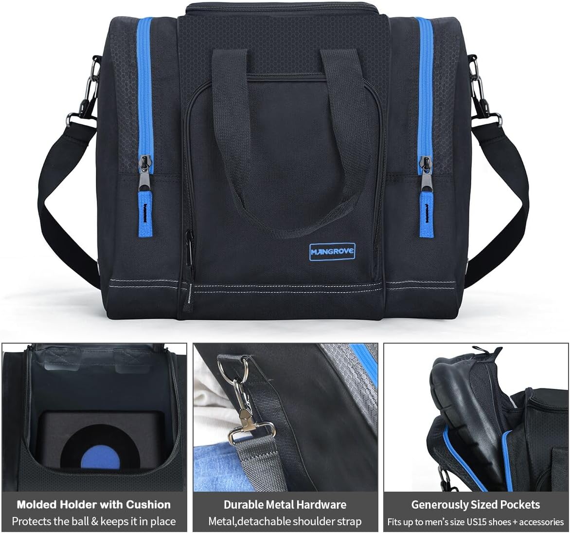 Mangrove Bowling Ball Bag for Single Ball, 2020 Bowling Ball Tote Bowling Bag with Padded Ball Holder - Fits Bowling Shoes Up to Mens Size 14 and Accessories (Black)