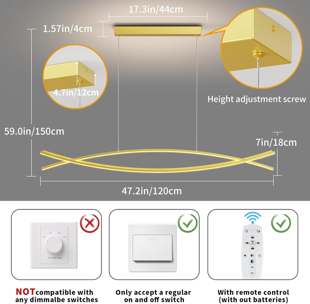 Modern LED Pendant Lights, 47in Gold Chandelier Dimmable with Remote Control 3000k-6000K Adjustable Color Temperature, Aluminum Island Lighting Lamp Fixture for Kitchen, Dining Room