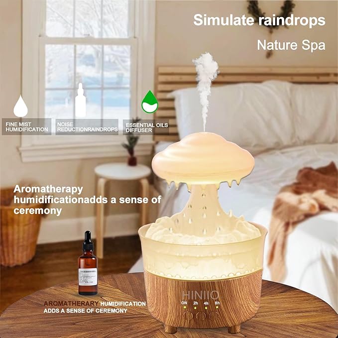 Rain Cloud Humidifier Water Drip with 7 Colors LED Night Light, Mushroom Essential Oil Diffuser with Remote Control for Bedroom Sleeping Relaxing(Wood Grain)
