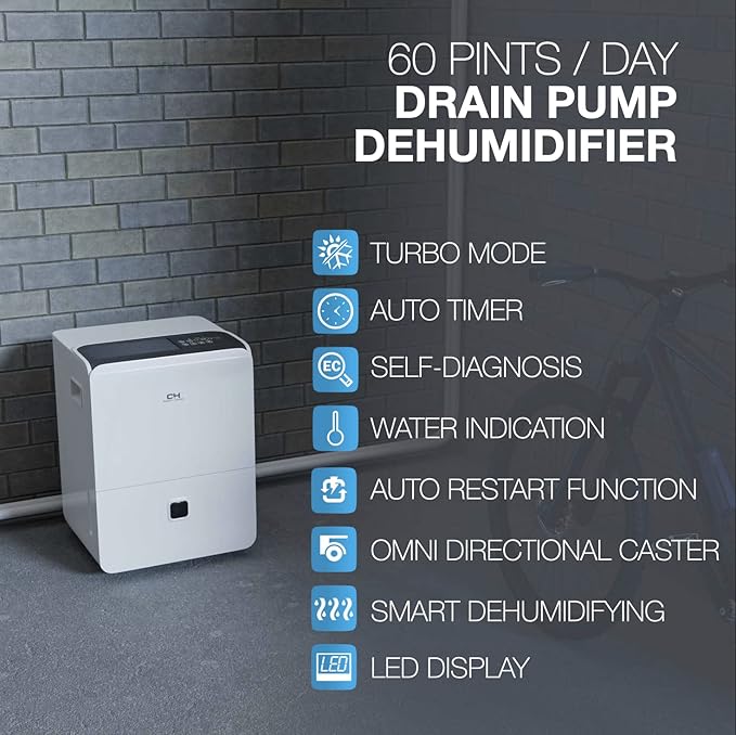 Cooper & Hunter 60 Pint Dehumidifier with Drain Pump up to 5,000 Square Foot Coverage Dehumidifier for Large Room or Basements 10L Water Tank with Drain Hose