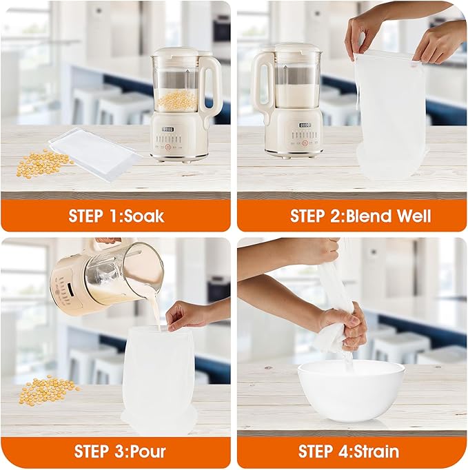 4 Pack Nylon Nut Milk Bag 8 × 12 Inches Fine Mesh Cheese Cloth Multiple Usage Reusable Food Strainer Professional Cold Brew Filter for Straining Juice Coffee Yogurt Tea (Nylon, 12×8 In)