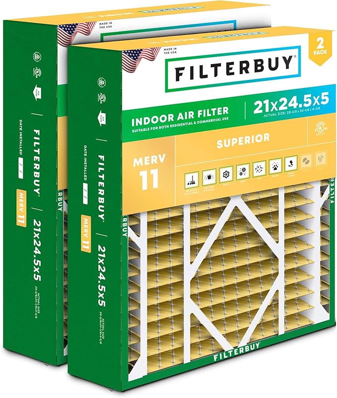 Filterbuy 21x24.5x5 Air Filter MERV 11 Allergen Defense (2-Pack), Pleated HVAC AC Furnace Air Filters Replacement for Rheem, Ruud, and Protech (Actual Size: 20.63 x 24.13 x 4.38 Inches)