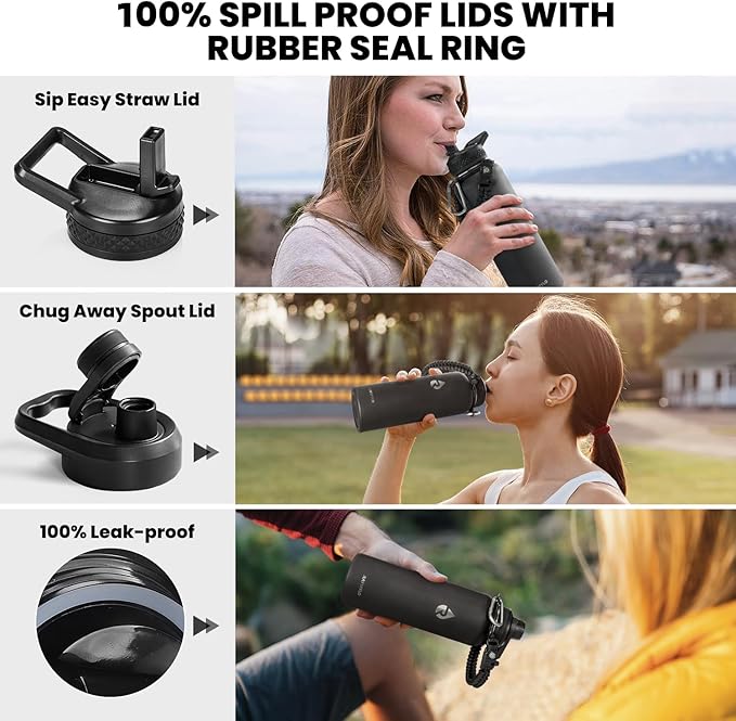 Insulated Water Bottle 40 oz, Triple Wall Vacuum Stainless Steel (Cold for 48 Hrs), Leak Proof & Non-BPA, Modern Water Flask Jug with Paracord Handle & Straw Spout Lids, Magic Black-FlexoryFit