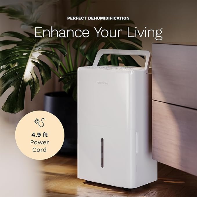 hOmeLabs 32 Pint Wi-Fi Dehumidifier for up to 4,500 Sq Ft Rooms (MAX 80 Pint at 95°F, 90% RH) – High-Efficiency Moisture Removal with Auto Shut-Off and Quiet, Portable Operation