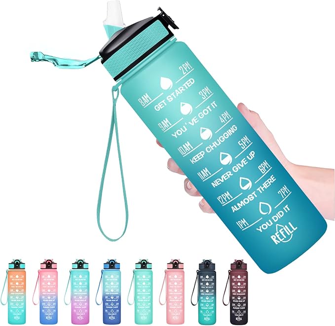 Hyeta 32 oz Water Bottles with Times to Drink and Straw, Motivational Water Bottle with Time Marker, Leakproof, Drinking Sports Water Bottle for Fitness, Gym and Outdoor-FlexoryFit
