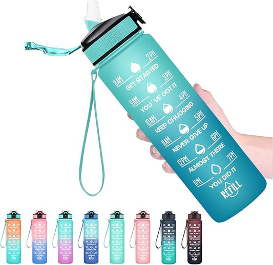 Hyeta 32 oz Water Bottles with Times to Drink and Straw, Motivational Water Bottle with Time Marker, Leakproof, Drinking Sports Water Bottle for Fitness, Gym and Outdoor-FlexoryFit