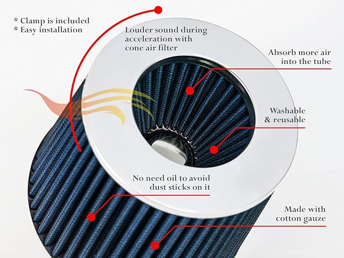 BLUE 3.5" 89 mm Inlet Truck Cold Air Cone Replacement Performance Washable Clamp-On Dry Air Filter (8" Tall)