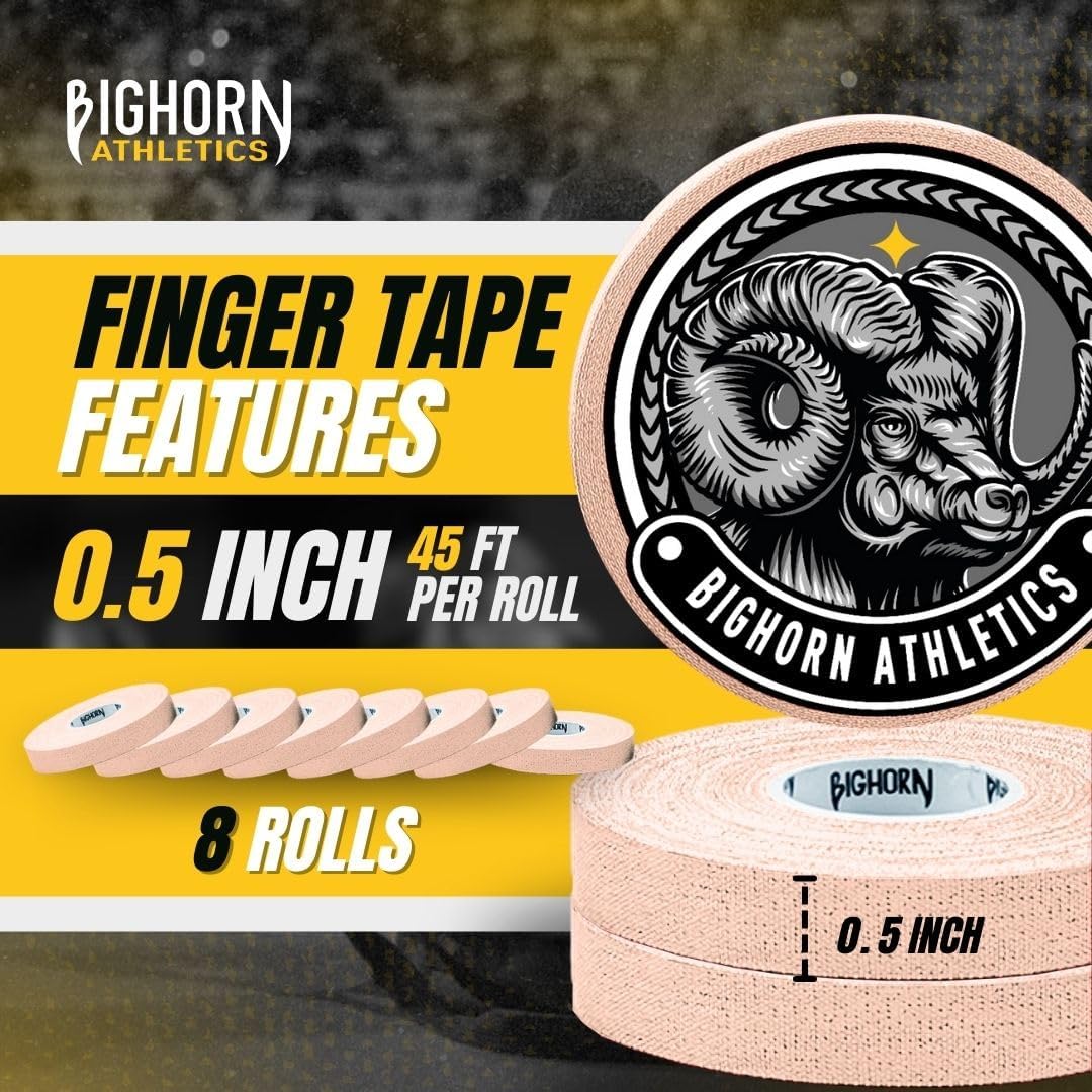 Bighorn Athletics Jiu Jitsu Finger Tape, Rock Climbing Tape | Multipurpose for Sports & Injuries: MMA, Volleyball, Football, Basketball, Tennis, Golf, Hands & Toes, 0.5-Inch x 45-feet, 8-Rolls, Nude