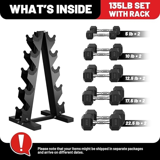 PAPABABE Hex Dumbbell Sets with Rack, 60-550lb Rubber Coated Dumbbell Weight Set and Storage Rack, Multiple Options Hand Weights for Strength Training-FlexoryFit