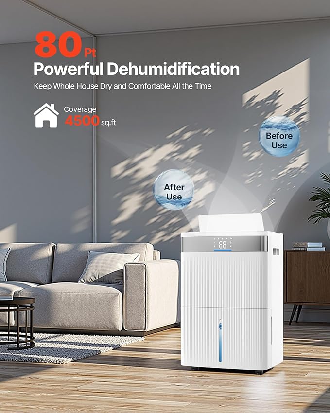 VEVOR 80 Pints Dehumidifier for Home & Basement, 4500 Sq.Ft Large Coverage, Drain Hose for Commercial & Industrial Use, Smart Humidity Control, Low Noise for Warehouses, Bathroom, Bedrooms & Storage
