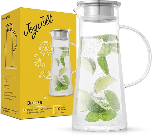JoyJolt Glass Pitcher with Lid - 50oz Borosilicate Water Carafe, Jug with Stainless Steel Lid for Iced Tea, Lemonade, Juice, Mixed Drinks