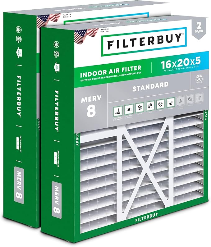 Filterbuy 16x20x5 Air Filter MERV 8 Dust Defense (2-Pack), Pleated HVAC AC Furnace Air Filters for Honeywell FC100A1003, Lennox X0592, and More (Actual Size: 15.75 x 19.75 x 4.38 Inches)