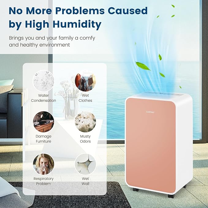 COSTWAY 2500 Sq. Ft Dehumidifier for Basement, 32 Pints Portable Quiet Dehumidifier for Bedroom Bathroom with Sleep Mode, 24H Timer, Auto Shut Off, Auto Defrost & Drain Hose (Pink)