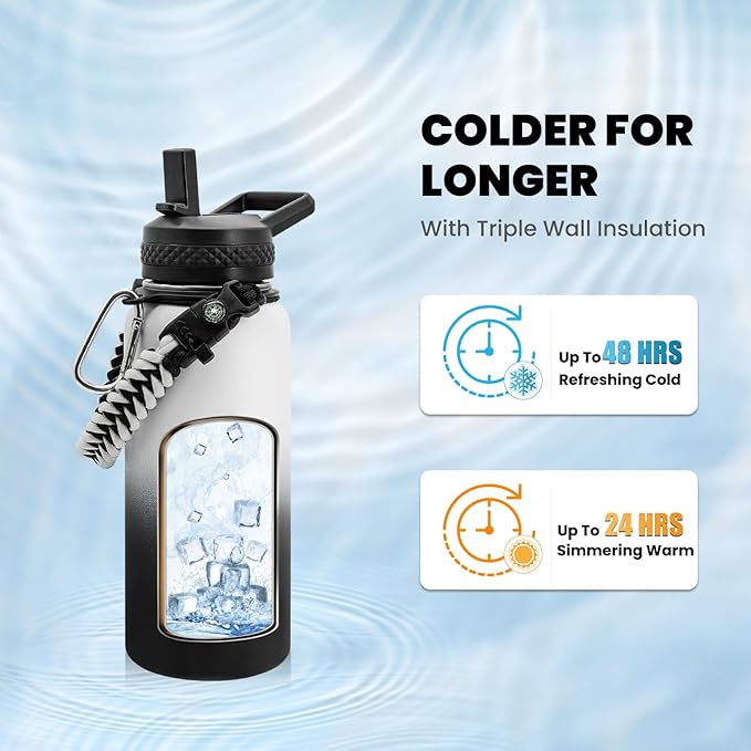 Insulated Water Bottle 32 oz, Triple Wall Vacuum Stainless Steel (Cold for 48 Hrs), Leak Proof & Non-BPA, Modern Water Flask Jug with Paracord Handle & Straw Spout Lids, Ombre: White/Black-FlexoryFit