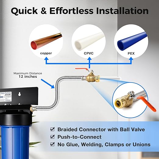 iSpring WGB32B-PB 3-Stage Whole House Water Filtration System (w/ 20” x 4.5” Fine Sediment, Carbon Block, and Lead Reducing Filters) w/ 3/4'' Push-Fit Stainless Steel Hose Connectors