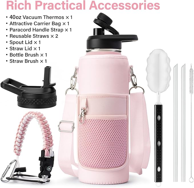 Insulated Water Bottle | Thickened Stainless Steel Vacuum Metal | Portable Sports Water Jug for Gym and Hiking with Straw, Carrier Bag, Handle Strap | BPA-Free 40 oz, Pink-FlexoryFit