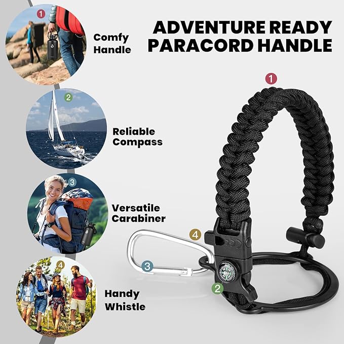 Insulated Water Bottle 64 oz, Triple Wall Vacuum Stainless Steel (Cold for 48 Hrs), Leak Proof & Non-BPA, Half Gallon Water Flask Jug with Paracord Handle & Straw Spout Lids, Magic Black-FlexoryFit