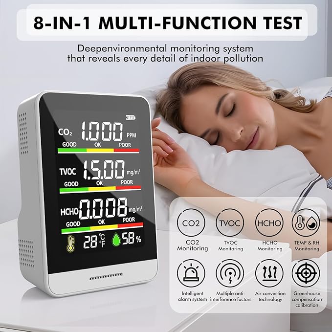 Air Quality Monitor Indoor,8-in-1 Smart Air Quality Tester with CO2, TVOC, HCHO, AQI, Temperature & Humidity, Real Time Display, Battery Powered, for Home & Office (White)