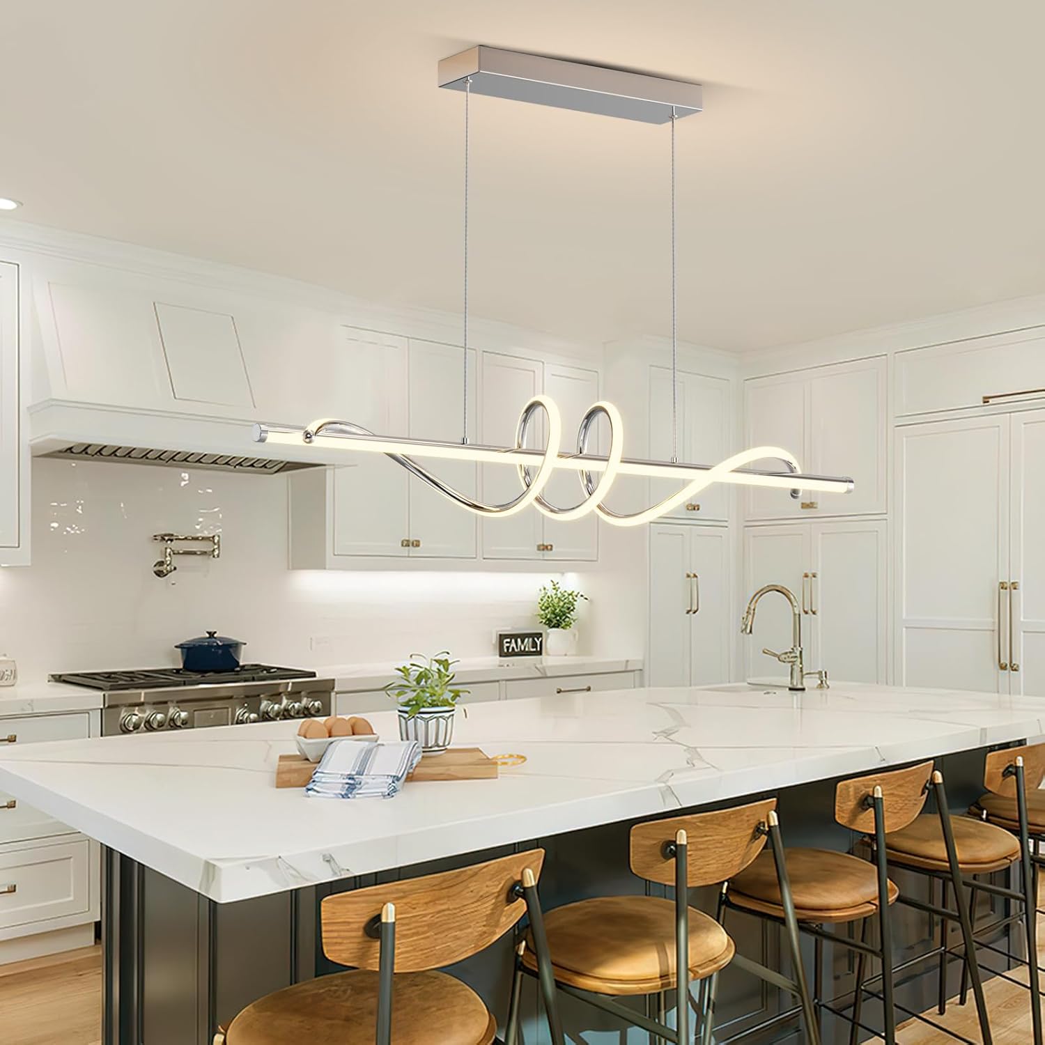 Modern LED Pendent Lights Kitchen Island,3000k-6000K Adjustable Color Dining Room Light Fixture,Dimmable with Remote Control Aluminum for Kitchen, Living, Dining,Bedroom(47in Chrome Silver