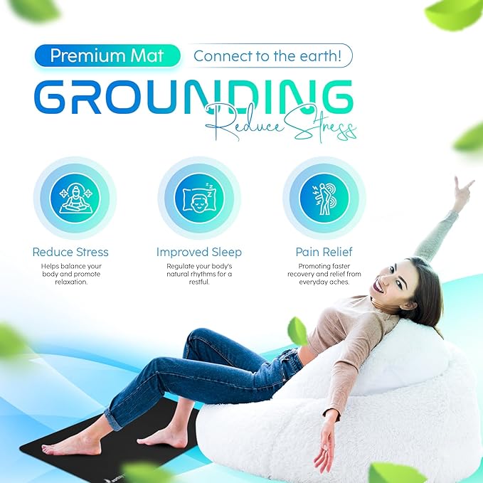 Grounding Mat for Feet, Chair & Yoga | Earthing Grounding Mat for Pain Anxiety Pain Relief, Inflammation | Spacious Grounding Pads for Sleep & Wellness | Includes Grounding Tester, Cable & Mat Tester-FlexoryFit