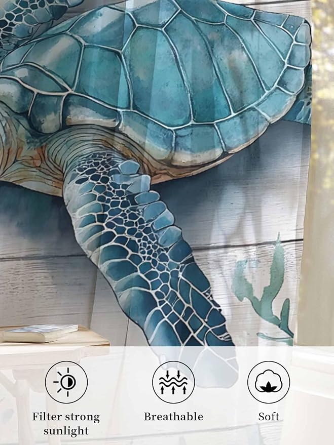 Sheer Curtains 108 Inches Long, Teal Green Sea Turtle Semi Sheer Curtains Light - Image 6