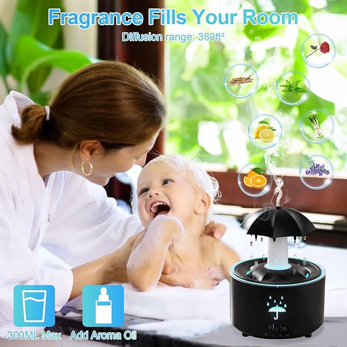 Raindrop Humidifier, Small Rotatable Aromatherapy Diffuser Air Humidifier, Desktop Diffuser with 7 Color Night Ligh and Timing for Bedroom, Rain Sound to Help Sleep, Gift for Family Friends (Black)