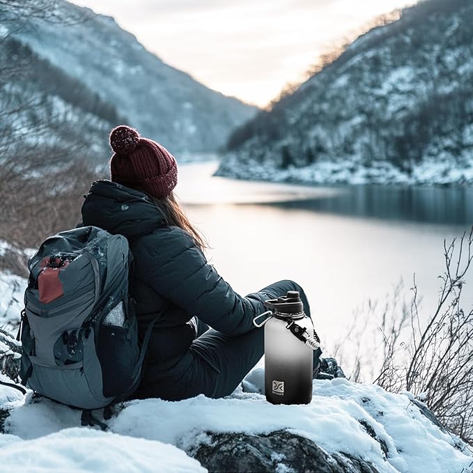 Insulated Water Bottle | Thickened Stainless Steel Vacuum Metal | Portable Sports Half Gallon Large Water Jug for Gym and Hiking with Straw, Carrier Bag, Handle Strap | BPA-Free 64 oz-FlexoryFit