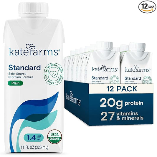 KATE FARMS Organic 1.4 High Calorie Nutrition Shake, Plain, 20g Protein, 27 Vitamins and Minerals, Meal Replacement, Protein Shake. 11 oz (12 Pack)-FlexoryFit