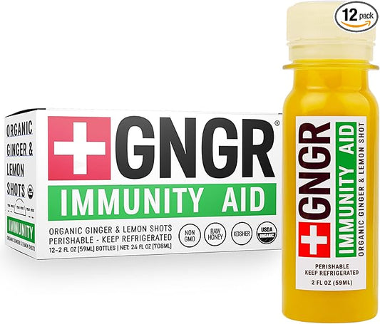 '+GNGR Immunity Aid Organic Ginger and Lemon Shot - Cold Pressed Ginger Shots with Echinacea, Lemon Juice, Honey, Zinc & Vitamin D3, Immune & Digestive Support (2 Oz, Pack of 12)-FlexoryFit
