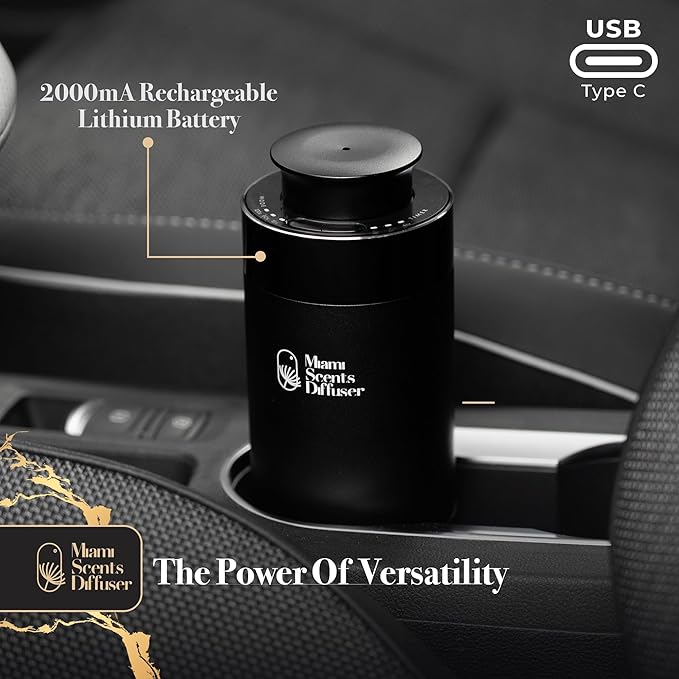 Car Diffuser for Essential Oils + Santal Scent Included Portable Waterless Air Freshener Built-in Battery Ultrasonic Cool Mist Humidifier with 9 Adjustable Modes Aromatherapy for Home Office Bedroom