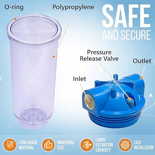 10 Inches Transparent Standard Whole House Water Filter System with Presser Relief Valve, 3/4” Inlet/Outlet Brass Port and Yearly Supply (4) Wound Spring Sediment Cartridges 5 Micron