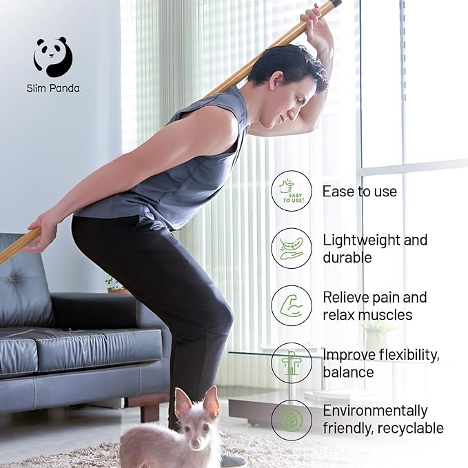 Slim Panda Yoga Stick, 5ft Natural Bamboo Stick with Rubber Ends, Exercise Stretching Stick for Yoga, Stretching, Balance and Correcting Posture, Rehabilitation Physical Therapy Aids-FlexoryFit