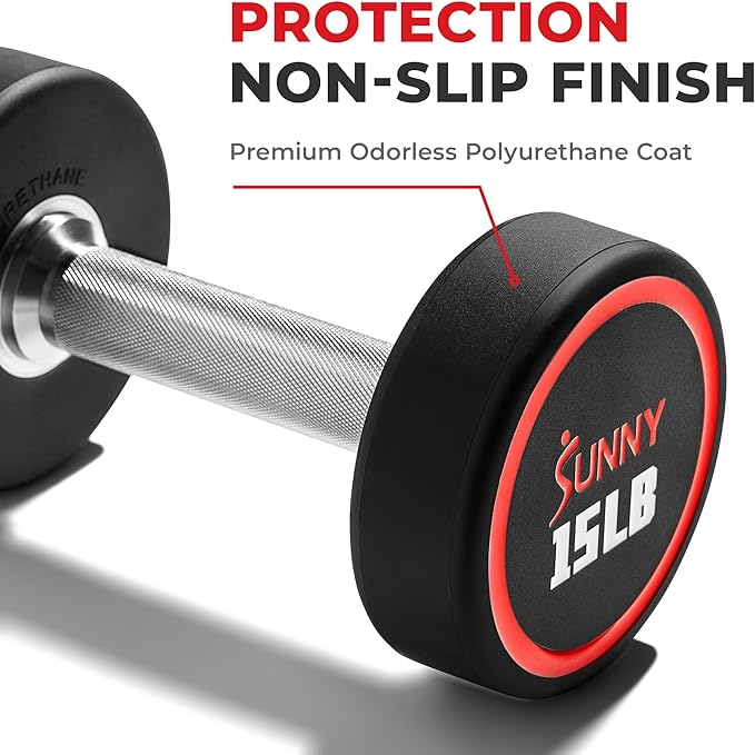 Sunny Health & Fitness Premium Polyurethane Commercial Grade Round Dumbbells with Diamond Knurled Handle, Durable Strength Training Equipment for Home Gym, 5-50LB-FlexoryFit