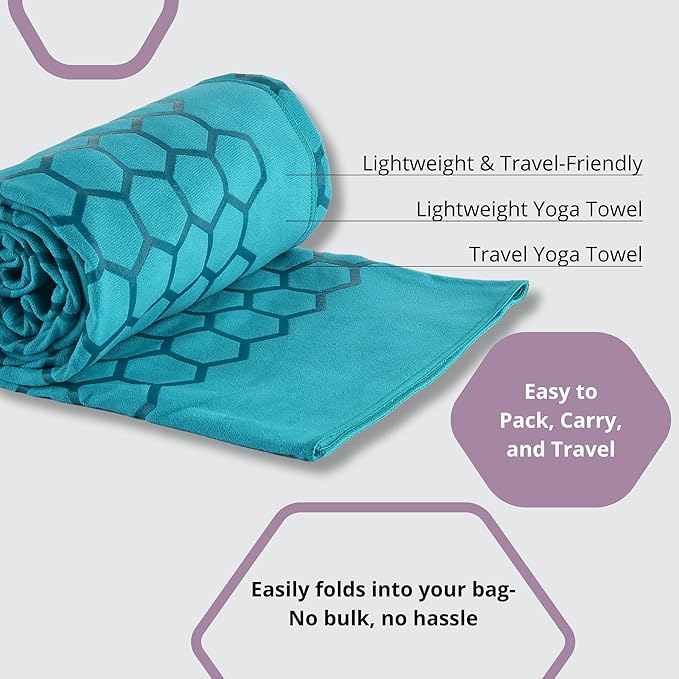 Clever Yoga Non-Slip Hot Yoga Towel – Non-Slip Grip for Hot Yoga, Sweat Absorbent, Honeycomb Silicone Grip, Stays Flat – Ideal for Pilates, Travel, Washable & Lightweight - Turquoise-FlexoryFit