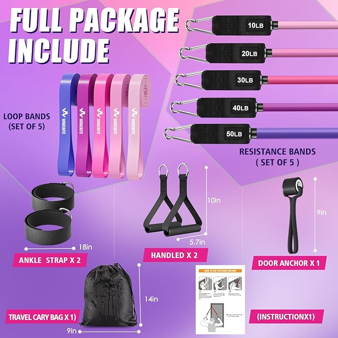 WHATAFIT Resistance Bands, Exercise Bands，Resistance Bands for Working Out, Work Out Bands with Handles for Men and Women Fitness, Strength Training Home Gym Equipment-FlexoryFit