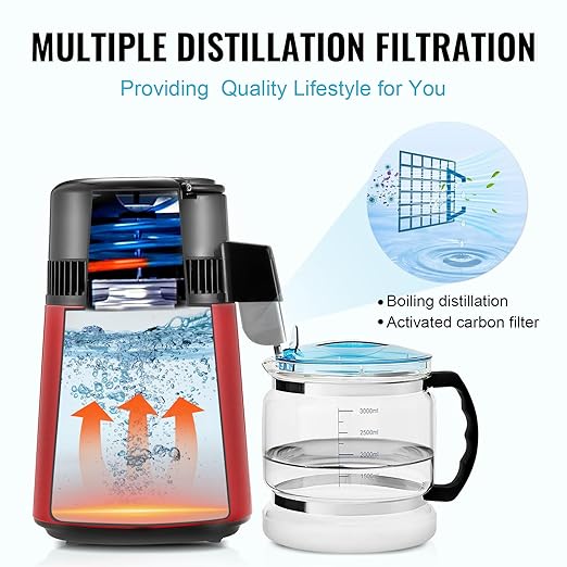 VEVOR Water Distiller, 4L 1.05 Gallon Pure Purifier Filter for Home Countertop, 750W Distilled Maker, Stainless Steel Interior Machine to Make Clean Water, Red