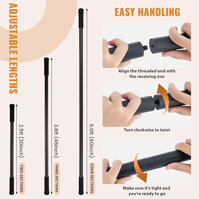 Yoga Stick 5ft Mobility Stick, Sturdy Steel Exercise Bar Adjustable Stretching Stick for Mobility, Training, Flexibility and Balance, Versatile Stretch Bar with 4 Steel Rods & Foam Handles-FlexoryFit