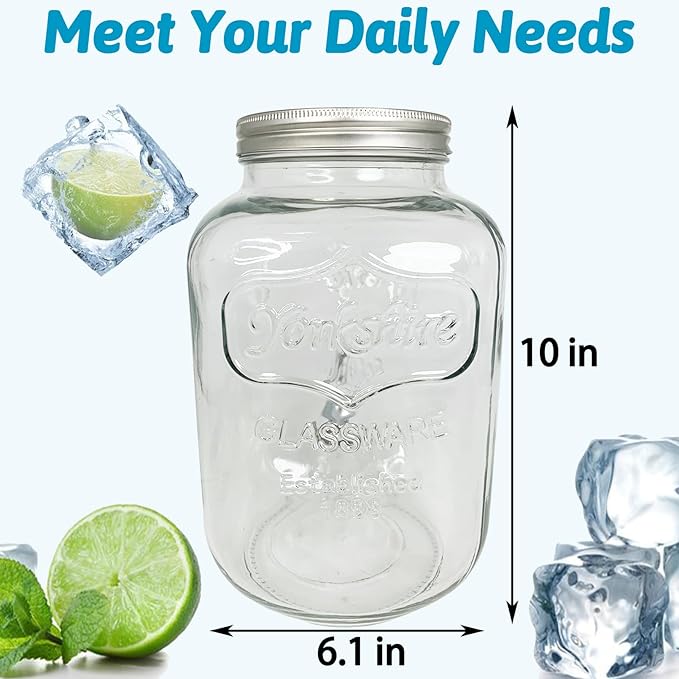 Tfwadmx 1 Gallon Drink Dispenser Glass Beverage Dispenser With Stand Leak Proof Stainless Steel Faucet Wide Mouth Mason Jar Style Drink Container Jug for Parties, Weddings, Lemonade, Cold Water