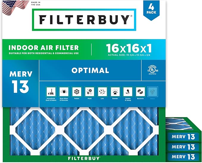 Filterbuy 16x16x1 Air Filter MERV 13 (MPR 1900) Health Defense Replacement (4-Pack), Electrostatic Pleated HVAC AC Furnace Filters, Made in USA (Actual Size: 15.75 x 15.75 x 0.75)