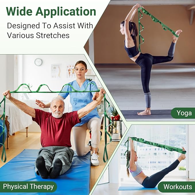 Stretch Strap With Loops For Physical Therapy, Yoga Straps For Stretching With Loops, Non-elastic Leg Straps For Knee Rehab, 8 ft Long x 1.2 inch Wide-FlexoryFit