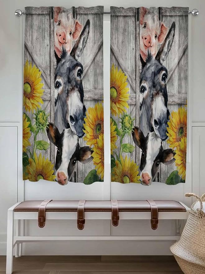 Farmhouse Living Room Curtains 72 Inches length, Vintage Sunflowers Animals - Image 4