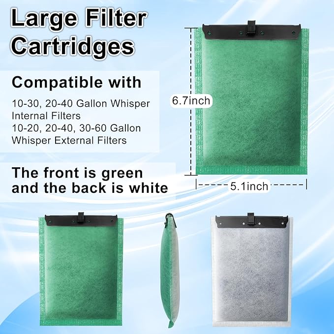 driamor 10 Pack Large Filter Cartridges Compatible with Whisper Filters 20i/40i IQ20/30/45/60 PF20/30/40/60, Aquarium Filter Cartridge Replacement Assembled Compatible with ReptoFilter 125GPH
