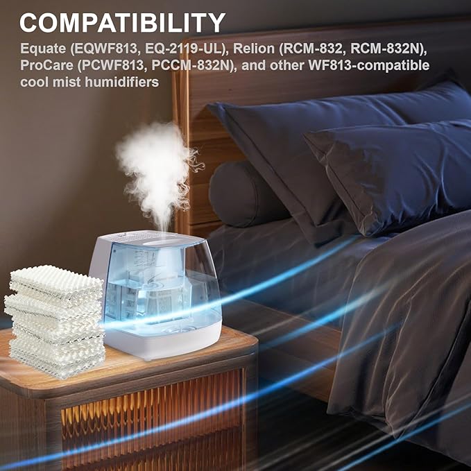 WF813 Humidifier Filter Replacement for Equate EQWF813/EQ-2119-UL, Relion RCM-832/RCM-832N, Procare PCWF813/PCCM-832N Cool Mist Humidifier Wick Filters 4 Pack