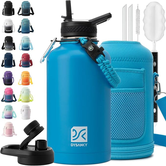 Insulated Water Bottle | Thickened Stainless Steel Vacuum Metal | Portable Sports Half Gallon Large Water Jug for Gym and Hiking with Straw, Carrier Bag, Handle Strap | BPA-Free 64 oz-FlexoryFit