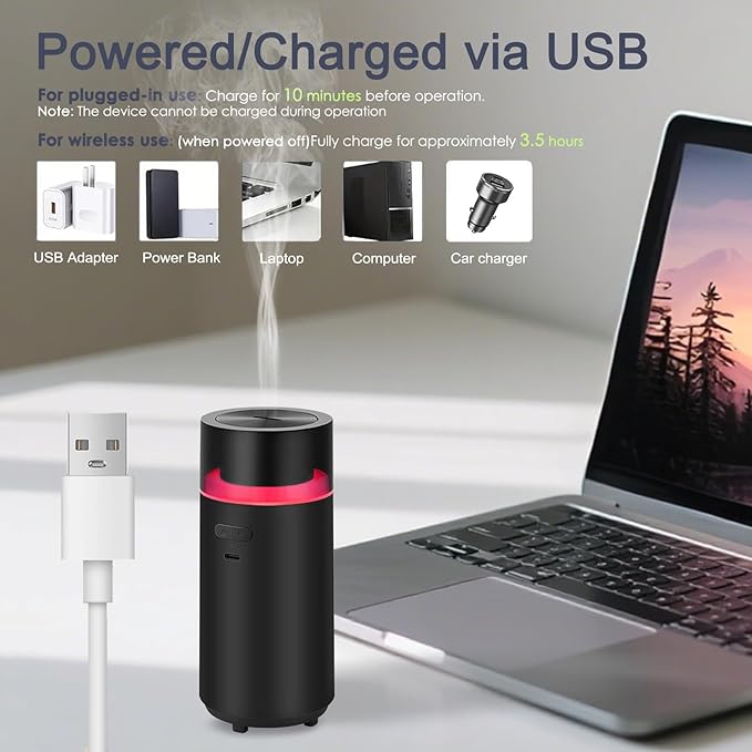 Smart Car Diffuser for Essential Oil,3000 mAH Rechargeable Battery,Cool Mist Aromatherapy Air Freshener Diffuser,Auto On/Off with Car,4/8H Timer Modes,for Bedroom,Office,Travel(Black)