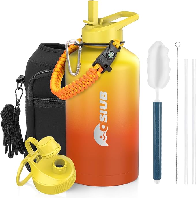 Insulated Water Bottle 64 oz, Triple Wall Vacuum Stainless Steel(Cold for 48 Hrs),Leak Proof & BPA-Free,Half Gallon Water Bottle with Reflective Paracord & Flip Straw for Sports & Travel, Sunset-FlexoryFit